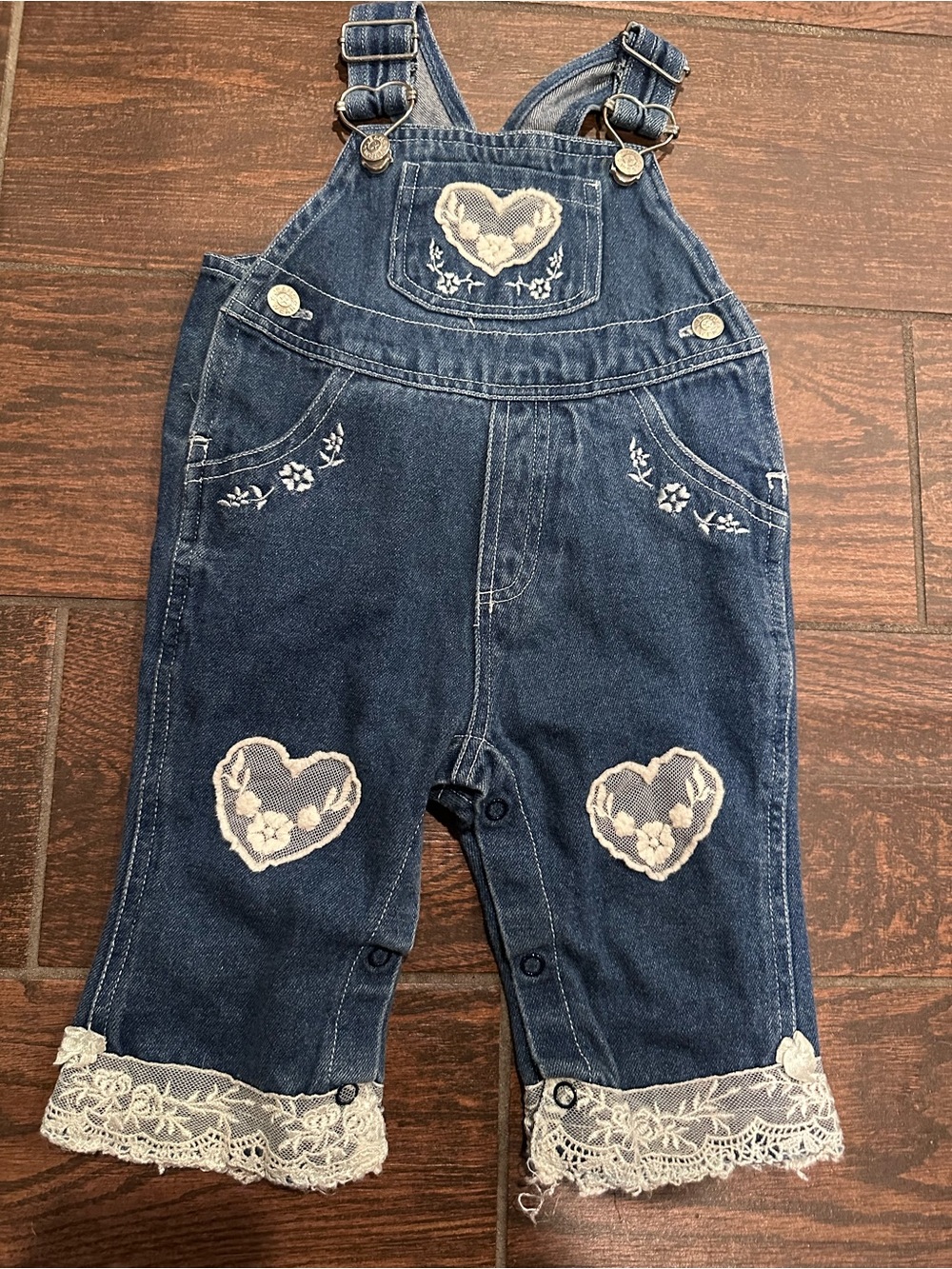 Girls Denim Heart Lace Overalls - Blue